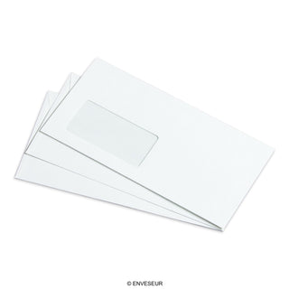 Uigennemsigtige hvide, forede konvolutter Venstre vindue DL 110x220 mm 110 gsm